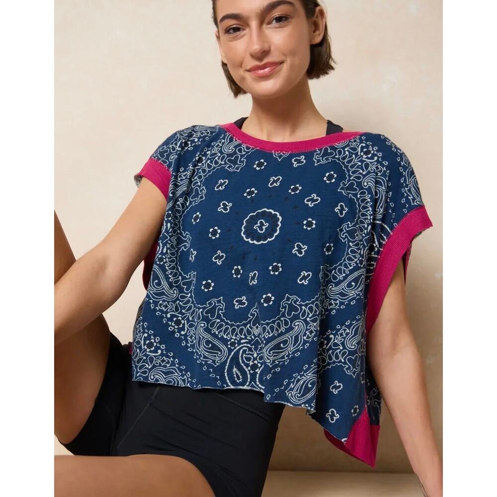Natural Life Bandana Print Open Back Top XS Cropped Blue Pink Ribbed Boho NWT